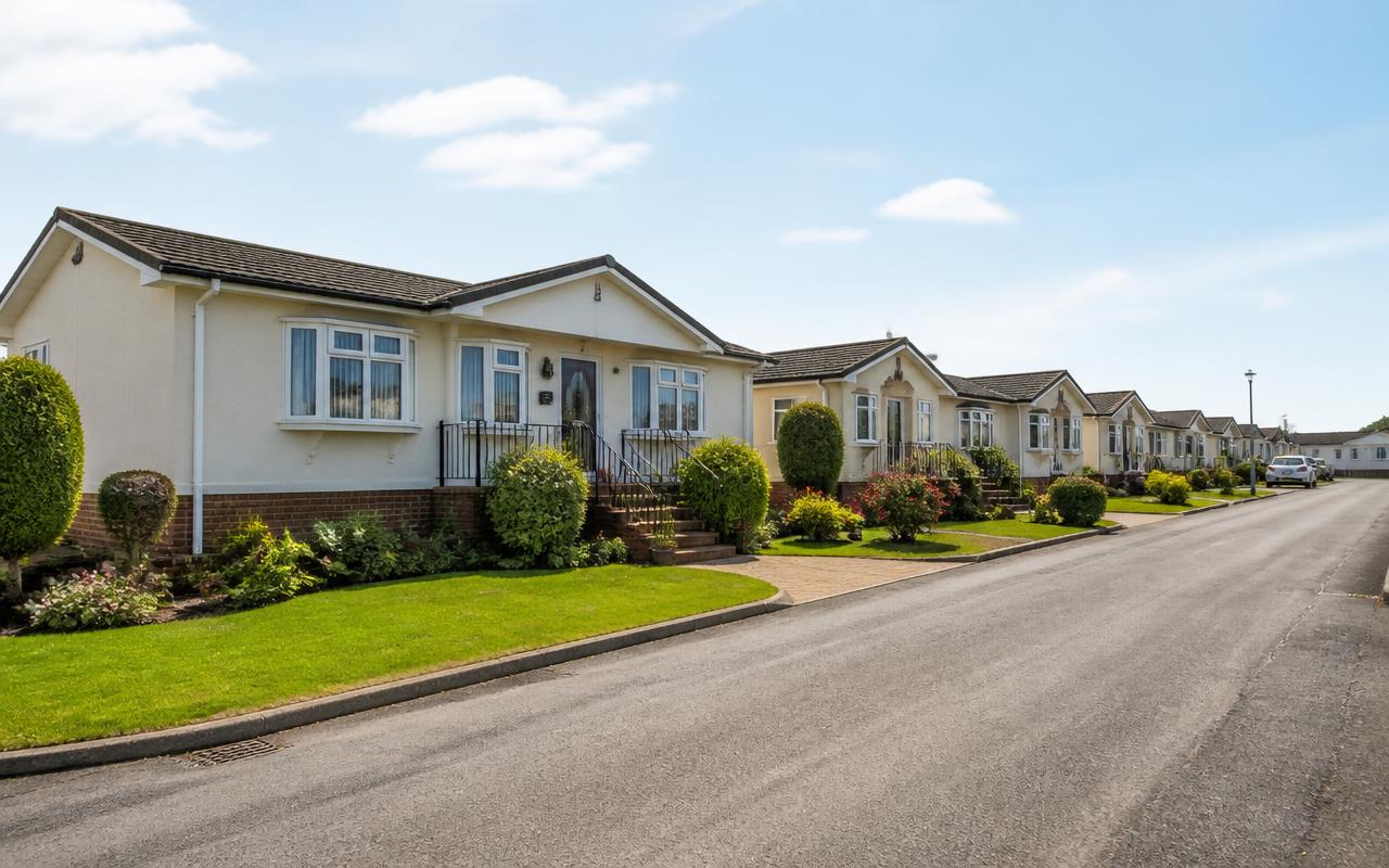 A row of well maintained UK park homes on a residential park